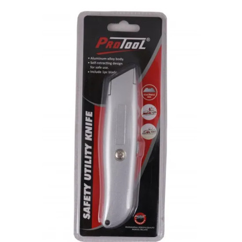 PROTOOL professional metal utility knife with retractable blade and ergonomic handle.