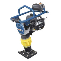 Scheppach VS 1000 vibratory rammer tamper with steel protective frame and 6.5 HP engine for soil compaction.
