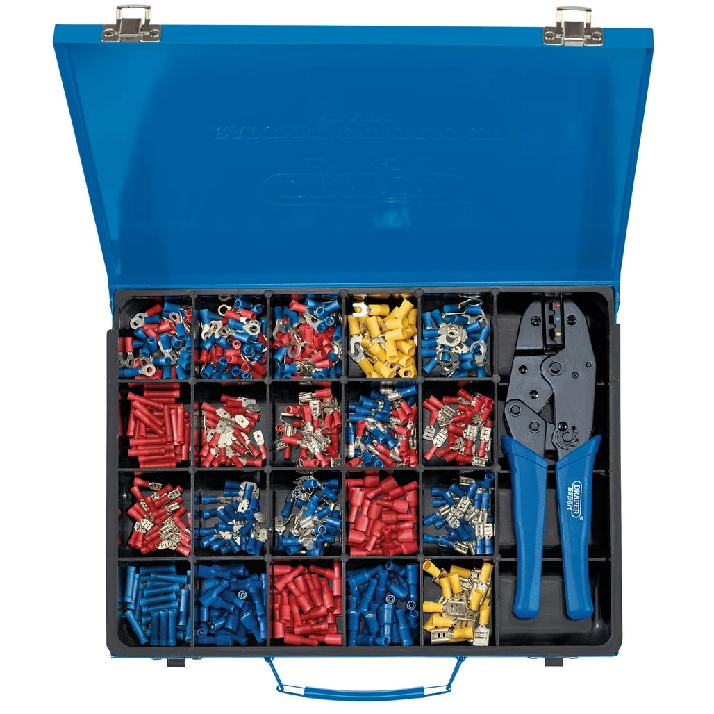 Draper Expert Ratchet Crimping Tool and 590-piece insulated terminal kit in a blue metal storage case