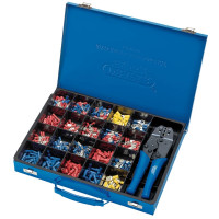 Draper Expert Ratchet Crimping Tool and 590-piece insulated terminal kit in a blue metal storage case