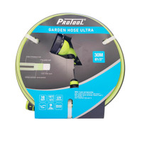 Protool Garden Hose Ultra 30-meter roll package with 1/2-inch diameter, showing features like 18 BAR pressure, UV resistance, and an included 4-piece accessory set featuring a 7-position green spray gun and soft-coated connectors.