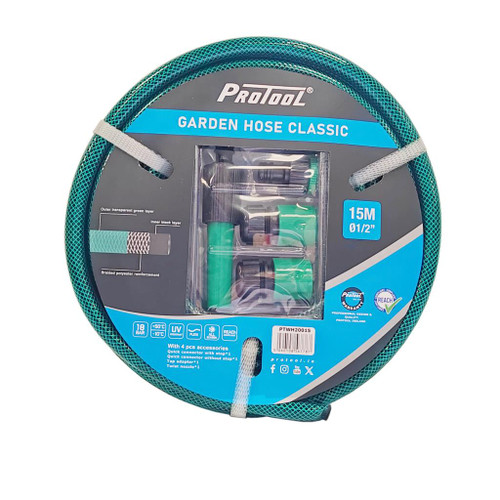 Protool Garden Hose Classic 15-meter roll package with a 1/2-inch diameter, showing technical details like 18 BAR pressure, UV resistance, and an included 4-piece accessory kit featuring a green adjustable twist nozzle and quick-connect hose fittings.
