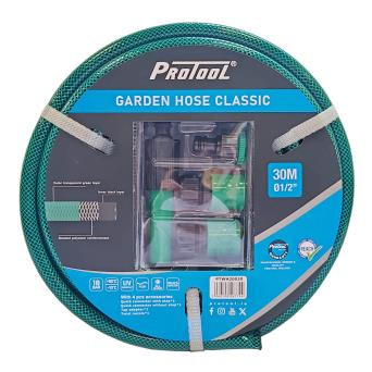 Protool Garden Hose Classic 30-meter roll package with a 1/2-inch diameter, showing technical details like 18 BAR pressure, UV resistance, and an included 4-piece accessory kit featuring an adjustable green twist nozzle and quick-connect hose fittings.