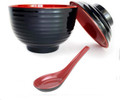 Japanese Style Soup Bowl with Lid and Spoon Set Miso Soup Bowl Rice Bowl Snack Bowl Dessert Bowl Appetizer Bowl, Black and Red Color, 11 oz