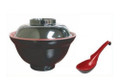 Soup Bowl with Lid and Spoon Set for Miso Soup Rice Poke Donburi Noodle Pasta Cereal, Black and Red Color, 21 fl.oz.