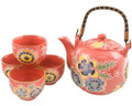 Japanese Red Botan Peony Flower Tea Set Ceramic Teapot with Rattan Handle and 4 Tea Cups
