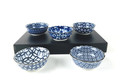 Japanese Porcelain Appetizer Bowls Gift Set,Traditional Japanese Inspired Pattern Snack Bowls, Blue Color Soy Sauce Dipping Bowls, Set of 5, Made in Japan