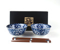 Japanese Porcelain Soup Bowls and Chopsticks Gift Set, Cherry Blossom Sakura Pattern Rice Bowls, Blue Color Ramen Bowl, Set of 2, Made in Japan