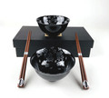 Japanese Porcelain Soup Bowls and Chopsticks Gift Set Sakura Cherry Blossom Pattern Rice Bowls Black and Silve