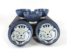 2 PCS Japanese 4.75"D Porcelain Manki Neko Lucky Cat Rice Bowls Made in Japan 