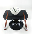 Japanese Porcelain Soup Bowls and Chopsticks Gift Set Black White Smiling Cat