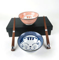 Japanese Porcelain Soup Bowls and Chopsticks Gift Set, Lucky Cat Pattern Rice Bowls, Blue and Pink Color, Set of 2, Made in Japan
