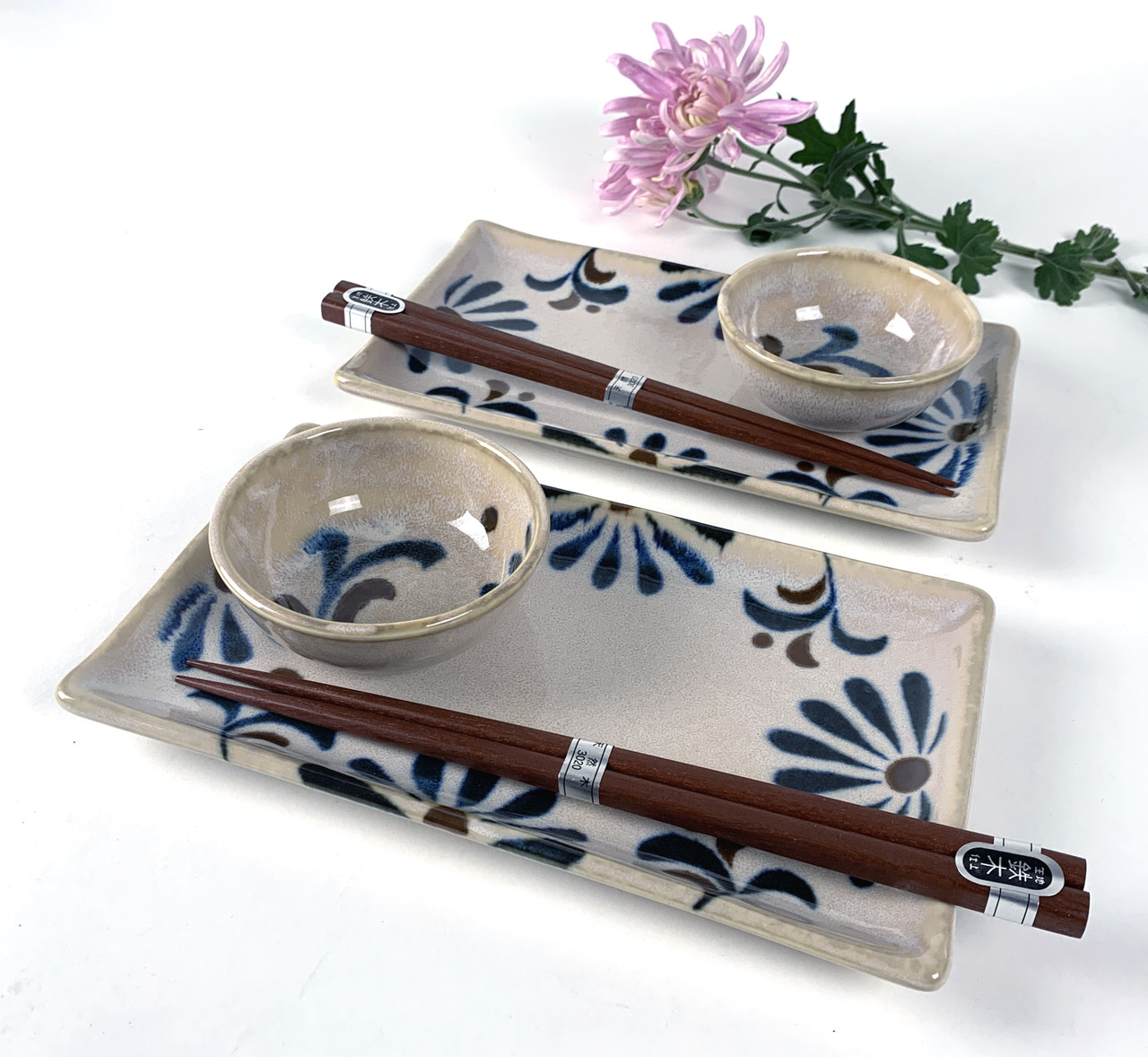 Blue Flower Sushi Dinnerware w/ Plates Sauce and Rice Bowls Chopsticks Set for 2 