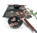Matcha Green And Black Pair Ebros Gift Japanese Sakura Cherry Blossom Porcelain Sushi Dinnerware 6 Piece Set 2 Each Of Dinner Plates Dipping Soy Sauce Bowls And Bamboo Chopsticks Pair Gift Ideas