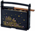 Japanese Black Lunch Bento Box Three Tiers with Chopsticks Traditional Plastic Lacquered Sakura Cherry Blossom Pattern