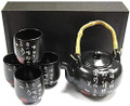 Chinese Porcelain Tea Set Teapot and Teacups Japanese Style Tea Set, Calligraphy Black