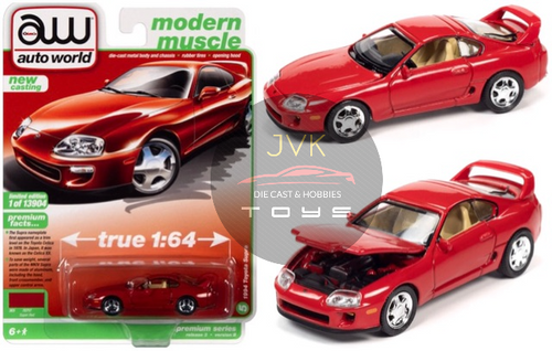 1994 TOYOTA SUPRA RED 1/64 SCALE DIECAST CAR MODEL BY AUTO WORLD AWSP075 B
