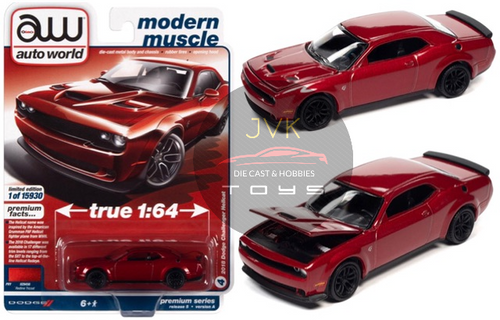 2018 DODGE CHALLENGER HELLCAT REDLINE TRICOAT POLY 1/64 SCALE DIECAST CAR MODEL BY AUTO WORLD AWSP088

