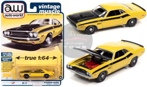 1970 DODGE CHALLENGER T/A FY1 BANANA YELLOW 1/64 SCALE DIECAST CAR MODEL BY AUTO WORLD AWSP086


