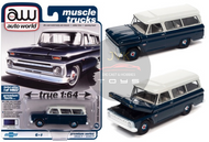 1966 CHEVROLET SUBURBAN DARK BLUE BODY WITH WHITE ROOF 1/64 SCALE DIECAST CAR MODEL BY AUTO WORLD AWSP091

