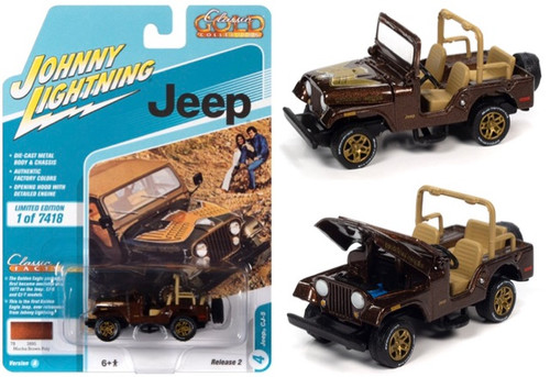 JEEP CJ-5 SUNSHINE DARK BROWN POLY WITH GOLDEN EAGLE GRAPHICS 1/64 SCALE DIECAST CAR MODEL BY JOHNNY LIGHTNING JLSP150

