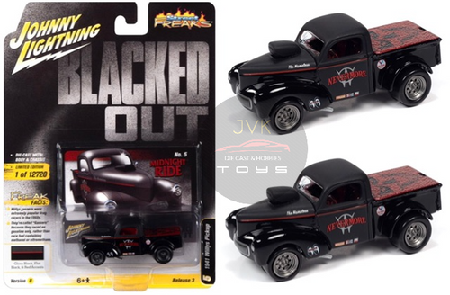 1941 WILLYS GASSER PICKUP TRUCK BLACKED OUT GLOSS FLAT BLACK WITH METALLIC RED 1/64 SCALE DIECAST CAR MODEL BY JOHNNY LIGHTNING JLSP181

