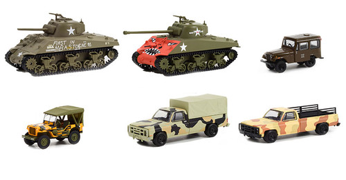 BATTALION US ARMY TANK JEEP SERIES 1 SET OF 6 1/64 SCALE DIECAST CAR MODEL BY GREENLIGHT 61010