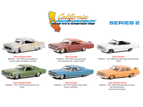 CALIFORNIA LOWRIDERS SERIES 2 SET OF 6 1/64 SCALE DIECAST CAR MODEL BY GREENLIGHT 63030