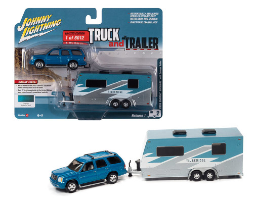 2005 CADILLAC ESCALADE WITH CAMPER TRAILER 1/64 SCALE DIECAST CAR MODEL BY JOHNNY LIGHTNING JLSP201

