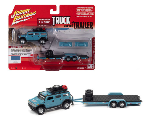 HUMMER H2 BLUE WITH OPEN TRAILER 1/64 SCALE DIECAST CAR MODEL BY JOHNNY LIGHTNING JLSP202 B