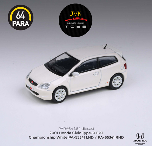 HONDA CIVIC TYPE-E EP3 2001 CHAMPIONSHIP WHITE 1/64 SCALE DIECAST CAR MODEL BY PARAGON PARA64 55341

