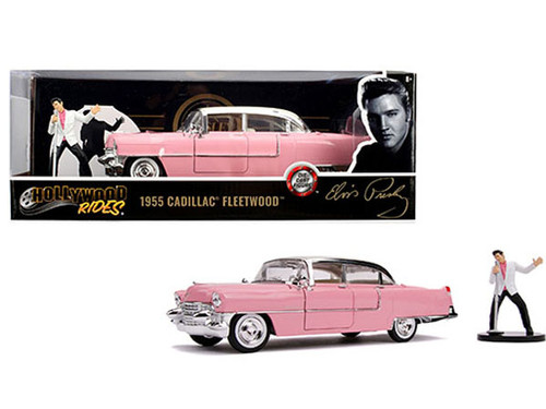 1955 CADILLAC FLEETWOOD PINK WITH ELVIS FIGURE 1/24 SCALE DIECAST CAR MODEL BY JADA TOYS 31007

