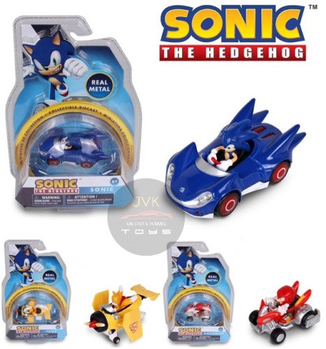 SONIC THE HEDGEHOG COLLECTION SET OF 3 SONIC BLUE TAILS AIRPLANE YELLOW & KNUCKLES RED WITH FIGURES 1/64 SCALE DIECAST CAR MODELS NKOK
