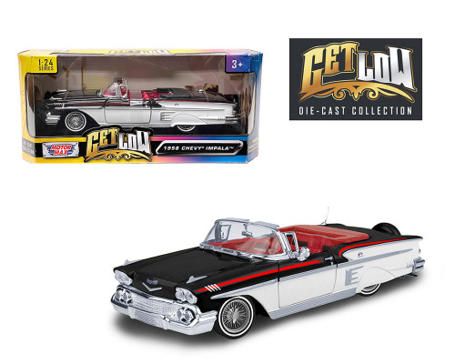 1958 CHEVROLET IMPALA CONVERTIBLE LOWRIDER BLACK WITH WHITE 1/24 SCALE DIECAST CAR MODEL BY MOTOR MAX 79025