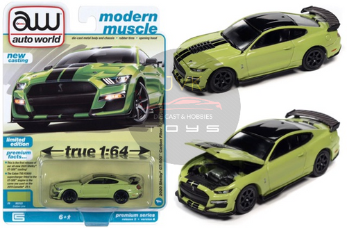 2020 FORD SHELBY GT500 MUSTANG GRABBER GREEN 1/64 SCALE DIECAST CAR MODEL BY AUTO WORLD AWSP100 A

