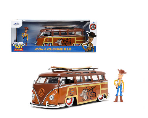 VOLKSWAGEN T1 BUS DISNEY WITH TOY STORY WOODY FIGURE 1/24 SCALE DIECAST CAR MODEL BY JADA TOYS 33176

