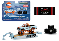 1972 CHEVROLET K-10 MONSTER TRUCK WITH GOOSENECK TRAILER & TIRES GULF OIL RACING 1/64 SCALE DIECAST CAR MODEL BY GREENLIGHT 51432