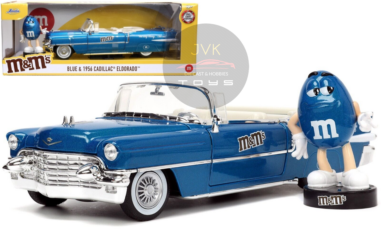 1956 CADILLAC ELDORADO & BLUE M&M FIGURE HOLLYWOOD RIDES 1/24 SCALE DIECAST  CAR MODEL BY JADA TOYS 33726