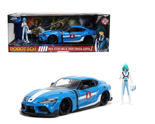 2020 TOYOTA SUPRA BLUE WITH MAX STERLING FIGURE ROBOTECH 1/24 SCALE DIECAST CAR MODEL BY JADA TOYS 33676