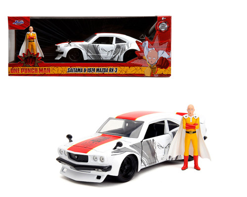 1974 MAZDA RX-3 WITH SAITAMA FIGURE ANIME ONE PUNCH MAN 1/24 SCALE DIECAST CAR MODEL BY JADA TOYS 33688

