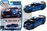 2021 FORD MUSTANG SHELBY GT500 CARBON EDITION VELOCITY BLUE WITH TWIN WHITE STRIPES ON HOOD 1/64 SCALE DIECAST CAR MODEL BY AUTO WORLD AWSP114 A