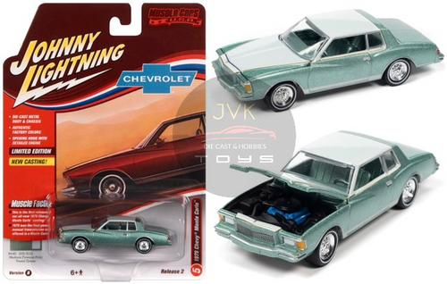 1979 CHEVROLET MONTE CARLO MEDIUM GREEN FIREMIST POLY BODY WITH LIGHT GREEN UPPER COLOR 2 TONE 1/64 SCALE DIECAST CAR MODEL BY JOHNNY LIGHTNING JLSP249 B