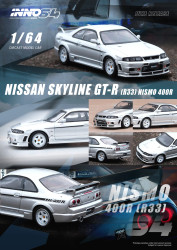 NISSAN SKYLINE GT-R R33 NISMO 400R SONIC SILVER 1/64 SCALE DIECAST CAR MODEL BY INNO INNO64 IN64-400R-SIL
