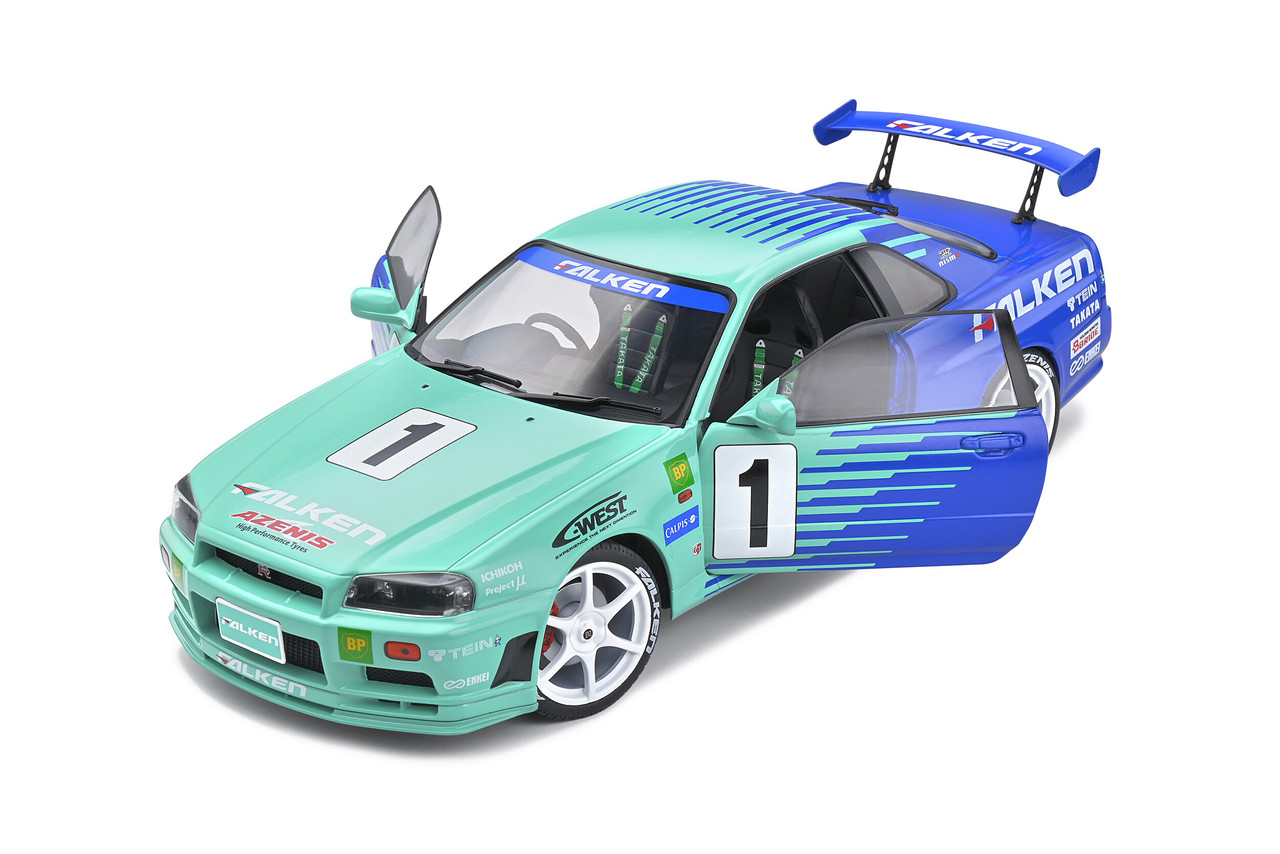 NISSAN SKYLINE GT-R R34 FALKEN LIVERY JGTC 2001 1999 #1 H. TAKEUCHI / Y.  TACHIKAWA 1/18 SCALE DIECAST CAR MODEL BY SOLIDO 1804304