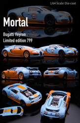 BUGATTI VEYRON SUPER SPORT GULF LIVERY BLACK WHEELS TAIL CAN GO UP AND DOWN AND ENGINE COVER REMOVED 1/64 SCALE DIECAST CAR MODEL BY MORTAL MORBUGGULFBK