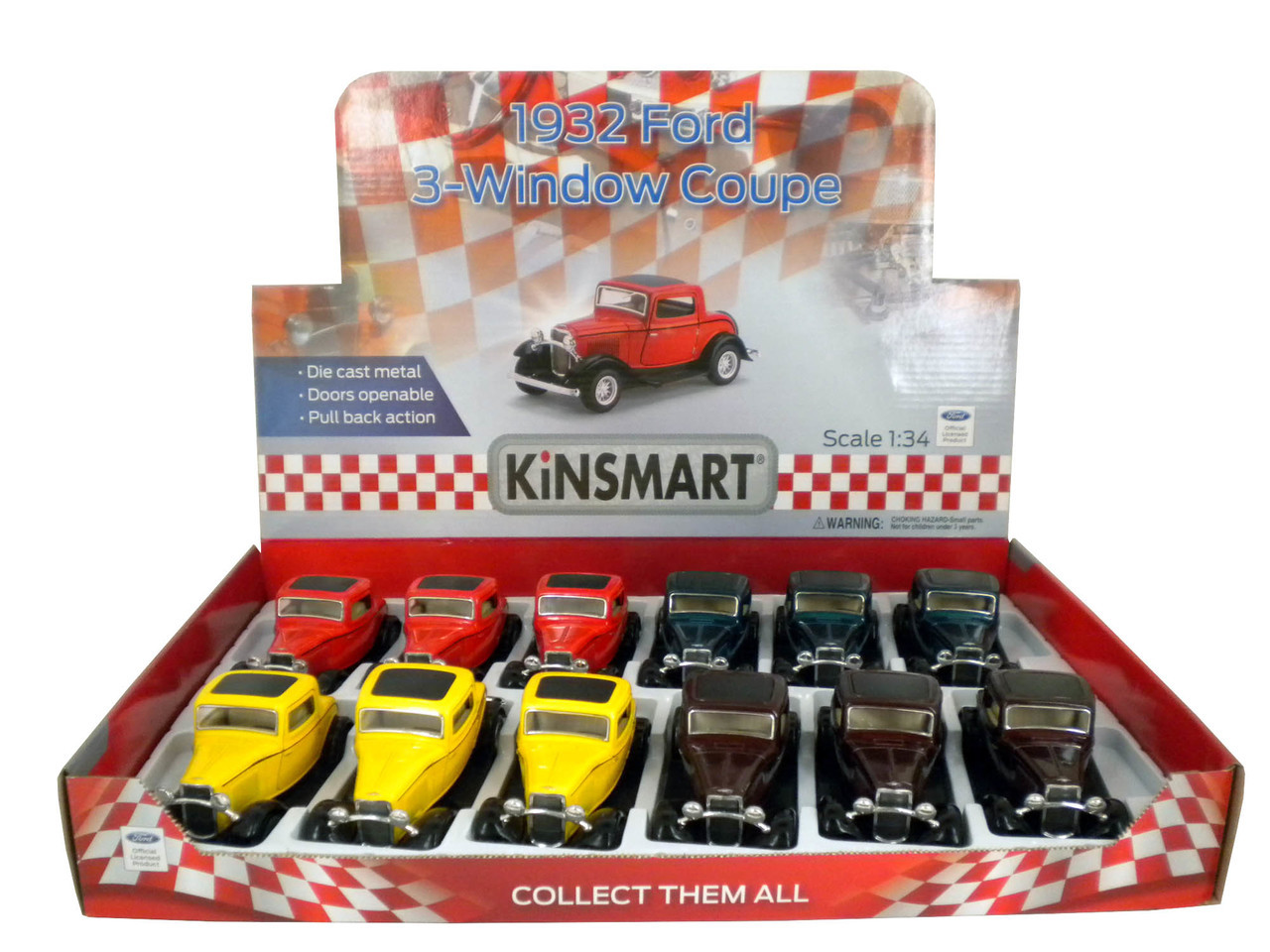 KiNSMART Set of 4: 5 1932 Ford 3-Window Coupe 1:34 Scale Toy Multicolor KT5332D Green/Maroon/Red/Yellow 