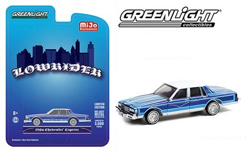 1986 CHEVROLET CAPRICE CLASSIC BLUE LOWRIDER CHEVY EXCLUSIVE 1/64 SCALE DIECAST CAR MODEL BY GREENLIGHT 51389