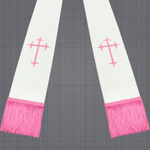 White and Pink Satin Clergy Robe Stole with Crosses