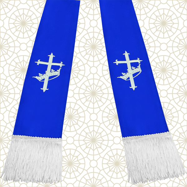 Royal Blue and White Satin Clergy Stole with Cross & Crown - Arkman's