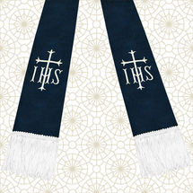 Navy Blue and White Satin Clergy Stole with IHS & Cross